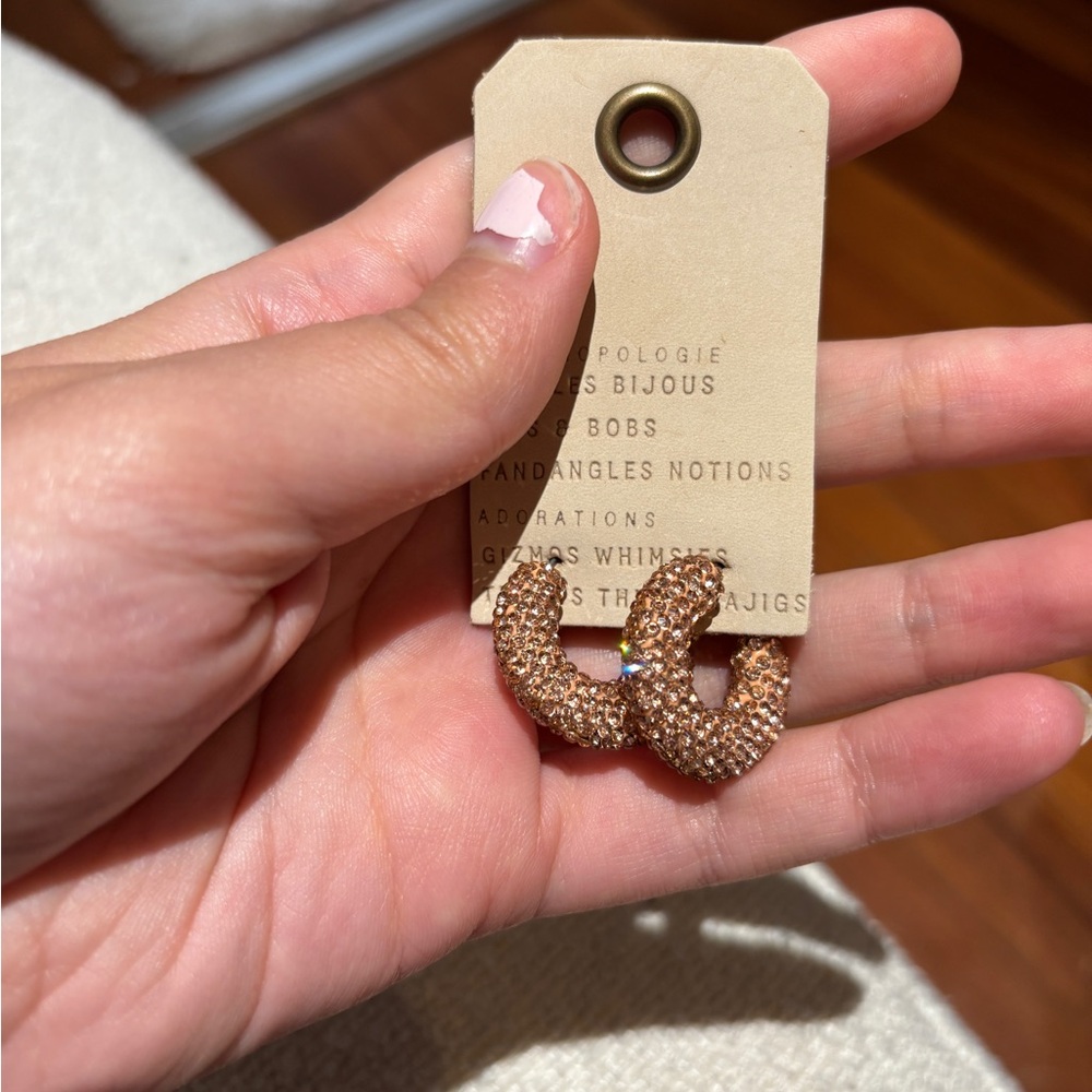 Anthropologie rose Gold rhinestone Textured Hoop Earrings